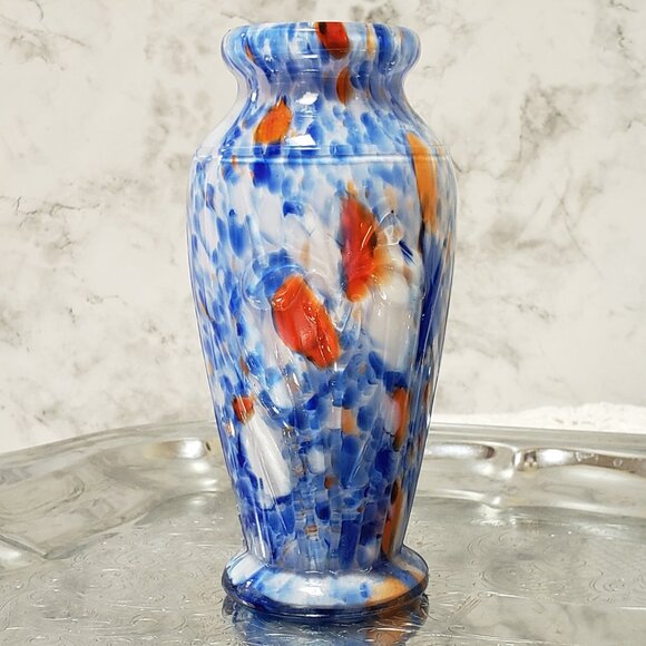 MCM Vintage Multicolor Blue Orange White Spotted Glass Vase Japan 5" - Picture 7 of 9